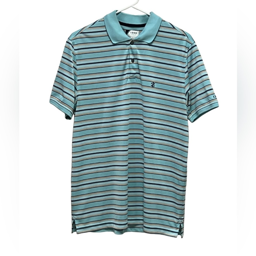 IZOD Golf men’s polo shirt aqua blue striped short sleeve size Medium